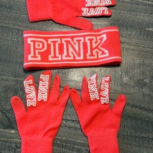 PINK Victoria's Secret Bright Pink Knit Headband and Touchscreen Gloves Set